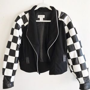 vintage genuine leather checkered sleeved jacket